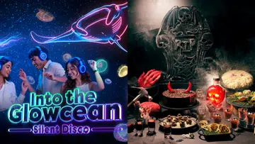 2026新加坡万圣节美食与活动推荐封面图。左侧为 Singapore Oceanarium 的 Into the Glowcean 活动宣传画面，三名戴着蓝色发光耳机的年轻人在霓虹水母及魔鬼鱼图案前跳舞；右侧为 Lime Restaurant 万圣节限定自助餐，摆放着恶魔角巧克力蛋糕、眼球造型甜点、墓碑饼干及骷髅装饰，营造神秘又充满节日气氛的视觉效果。