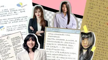 拼贴风人物专题主视觉设计图，画面以粉色、白色与黑色几何背景构成，结合多张手写信件与人物照片。画面中出现四位女性人物肖像，其中一位身穿黑色西装外套双手交叉站立，一位穿着浅紫色衬衫直视镜头，一位穿着米白色西装露出微笑，另一位则以长发自拍照形式呈现。背景与前景穿插多张写给50岁自己的手写信件，包括白底、笔记本风格与牛皮纸拼贴风设计，并可见手绘插图、便利贴元素及文字内容。整体视觉呈现《女友》“DEAR ME”主题，传达写信给未来自己、自我对话与记录成长心情的概念。