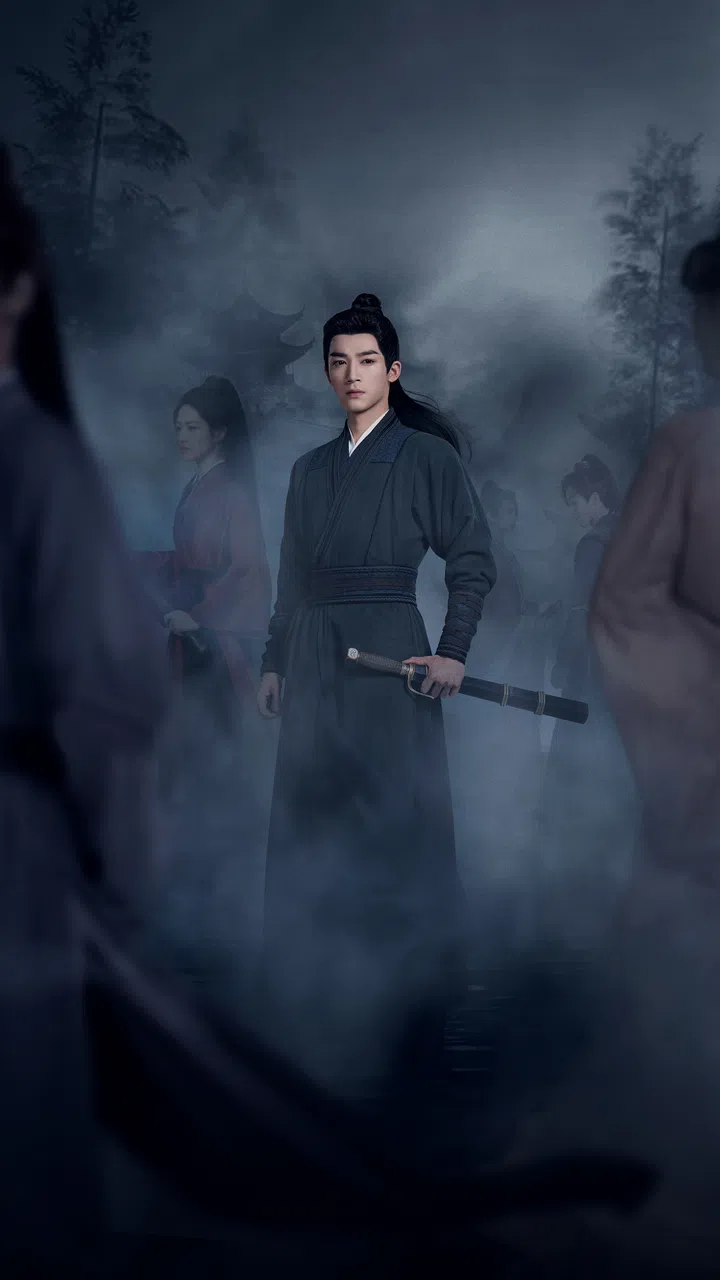 身着深色长袍的男子手持长剑立于雾气弥漫的山林中，神情坚毅，背景中隐约可见其他人物与古风建筑，呈现《定风波》的悬疑与武侠氛围。定风波剧照