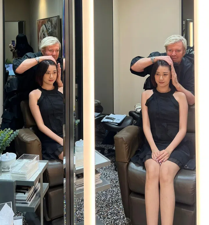 Kim Robinson现场展现1分钟“脸型扫描法”，为记者Faye提供发型建议。（图：KIM ROBINSON 提供）