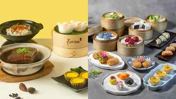 图中展示各式港式点心与茶香料理：左边是Yum Cha的茶香系列，包括焖花肉、茶壶造型包与蛋挞；右边是多款蒸笼点心与酥点，如虾饺、烧卖、芋角、芝麻球与蛋挞，摆盘精致、色彩诱人。新加坡点心自助餐推荐