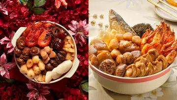 并排展示的两款新春盆菜，左侧白色砂锅盛装多种海味与配料，包括整只红虾、鲍鱼、花菇、鱼鳔、白萝卜与豆制品，摆放在红色花卉背景上；右侧陶瓷盆菜以鲍鱼、干贝、整虾、鱼肉与菌菇为主，食材层层铺排，背景为浅色桌布与餐具，呈现新加坡农历新年团圆饭常见的盆菜摆设。