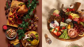 左图为圣诞自助餐中的烤火鸡、烤蔬菜、奶酪拼盘与节日小点，搭配红绿节庆装饰；右图为圣诞主题的水果、奶酪与冷切肉拼盘，包含草莓、葡萄、坚果与奶酪片。整体呈现丰富又充满节日气氛的圣诞大餐摆盘，是“新加坡 9 家圣诞自助餐推荐”文章的封面图。