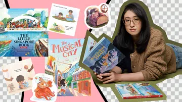 儿童绘本插画师 Chloe Chang 躺在地上，手中拿着绘本《The World May Say This, But I Believe That!》，身旁摆放着她绘制的多本作品，包括《The Little Singapore Book》和《The Musical City》。
 画面色彩温暖，周围点缀她的插画片段，展现她以童心创作的想象世界。