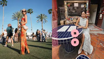 拼图照片：左边符芳榕在户外音乐节，身穿红色长裙搭配头巾与墨镜；右边符芳榕坐在怀旧杂货铺前的蓝白瓷砖桌旁，穿着银灰色长裙微笑。符芳榕，命运使者，离开演艺圈，专访