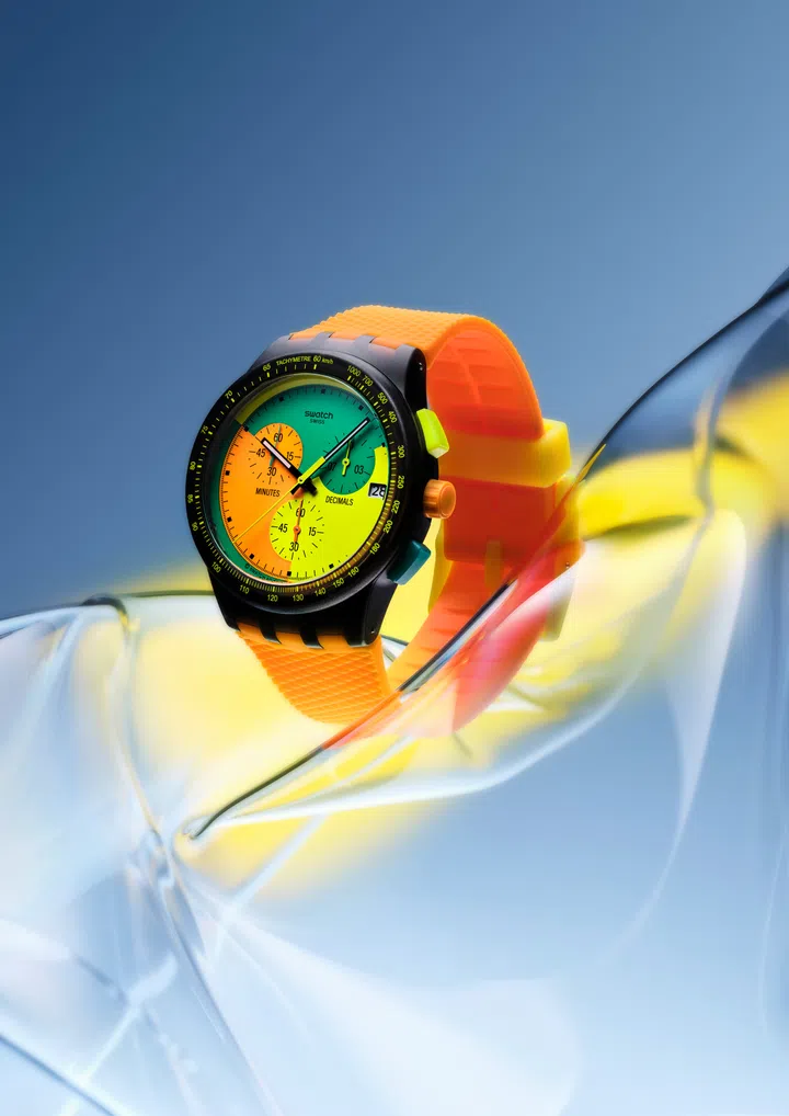 Swatch Neon Signal Flag, quartz movement, 42mm polymer case, silicone strap watch $182