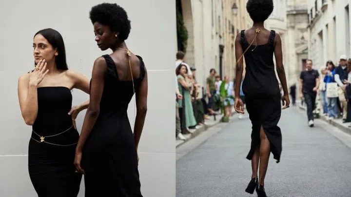 户外时装秀上模特佩戴各式兰花首饰，包括反向佩戴的RISIS Orchid Slider项链（图：RISIS提供）