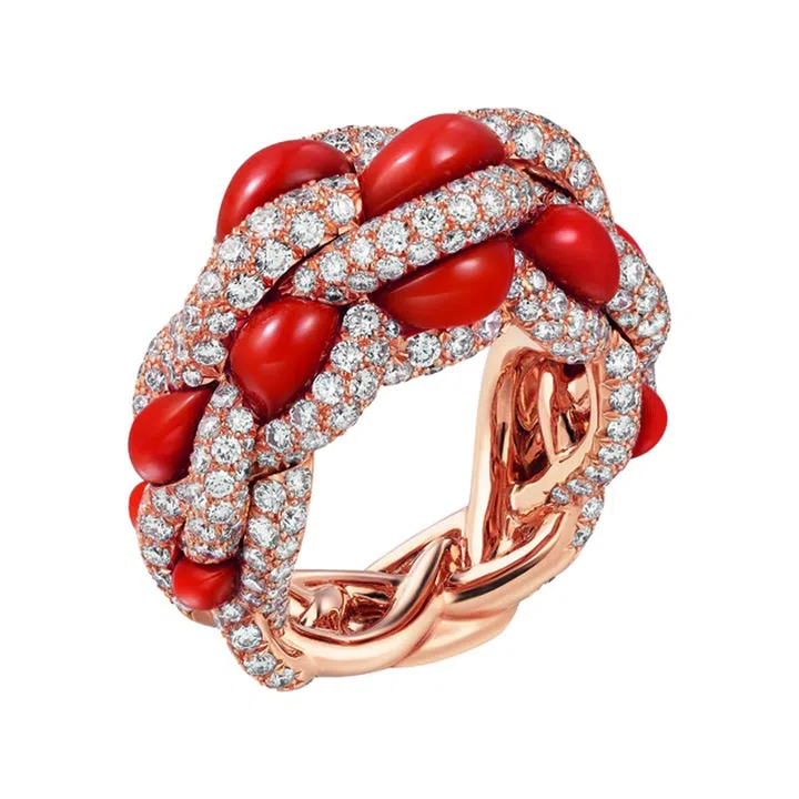 Cartier Libre Tressage镶钻及珊瑚石玫瑰金戒指 (价格未定)