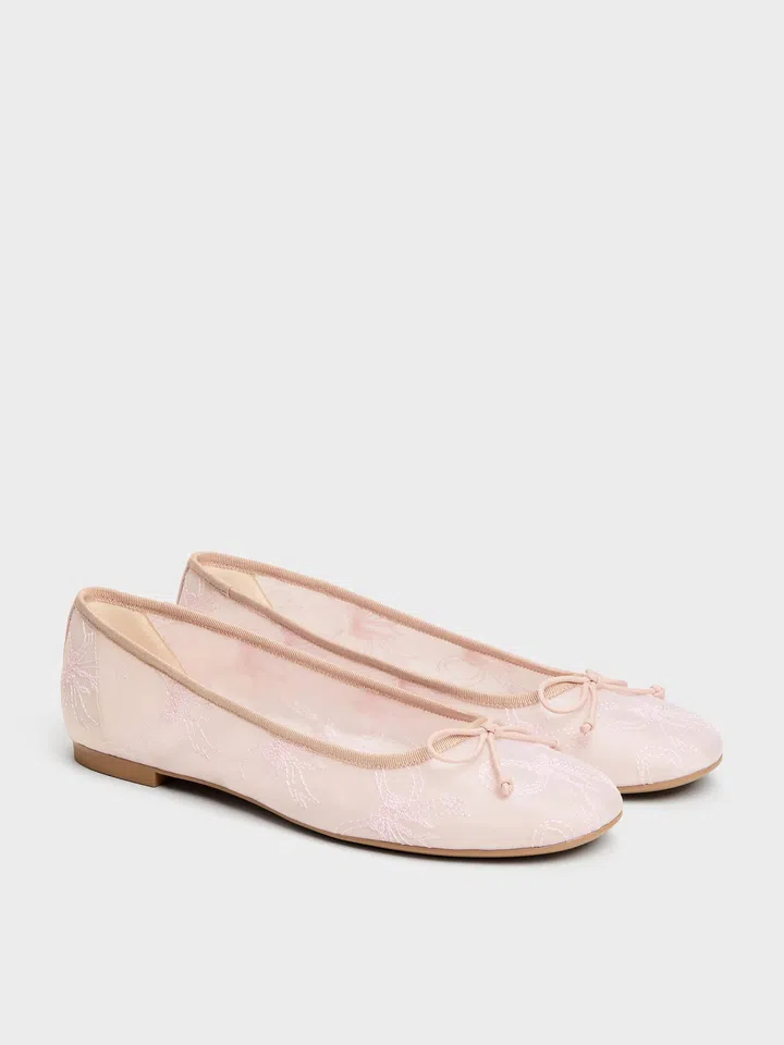 Charles & Keith Embroidered-Mesh Bow Ballet Flats - Light Pink $56.90