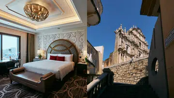 图左为THE KARL LAGERFELD酒店时尚客房，图右为澳门地标大三巴牌坊，展现澳门融合现代与古典的城市魅力。澳门3天2夜旅游攻略。