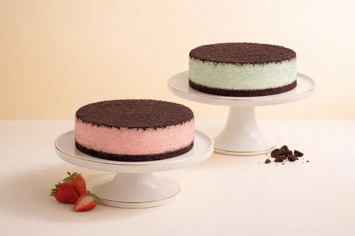 两款芝士蛋糕摆放在白色蛋糕架上，一款为粉色草莓口味，一款为浅绿色薄荷口味，表面撒上巧克力碎，旁边点缀新鲜草莓与巧克力块，整体简约干净。2026母亲节蛋糕推荐：精致又好吃的限定款