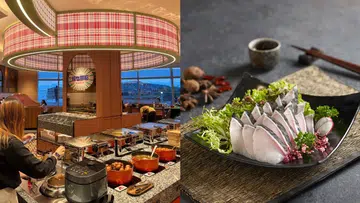 新加坡火锅自助餐餐厅内部环境与自助取餐区，前景可见多款热食与配料，另一侧展示摆盘整齐的新鲜鱼片与蔬菜拼盘，呈现火锅自助餐丰富食材选择与适合朋友、家人聚餐的用餐氛围。