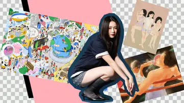 这是一张拼贴风格的视觉图，背景由粉色与黑色几何块状叠加而成，底层带有透明棋盘格效果。画面中央是一位年轻女性，长直黑发，神情冷静略带疏离感。她身穿深色短袖上衣与灰色短裤，搭配半透明黑色袜子与黑色低跟鞋，蹲坐姿势微微前倾，双手自然垂放在膝前，整体造型时尚且带点酷感。人物轮廓被深蓝色描边强化，与背景形成鲜明对比。
人物周围散落着多张插画作品，以拼贴形式呈现：左侧是一幅色彩鲜艳、细节丰富的场景插画，画面中有地球、人物活动、科技与日常元素，整体风格活泼且信息密集；右上角是一幅柔和色调的插画，描绘三位女性坐在一起的日常场景，氛围轻松亲密；右下角则是一幅偏艺术感的插画，描绘人物与光影交织的画面，带有梦幻与情绪张力。
整体画面融合时尚人物摄影与多种风格的插画作品，呈现出创作者多元的视觉表达与想象世 JAEYELLE GENZ 插画家