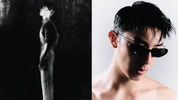 仲伟杰时尚写真，左图为侧身站立的黑白造型，右图为近距离佩戴墨镜的半裸肖像，展现运动系型男气质与冷峻风格。