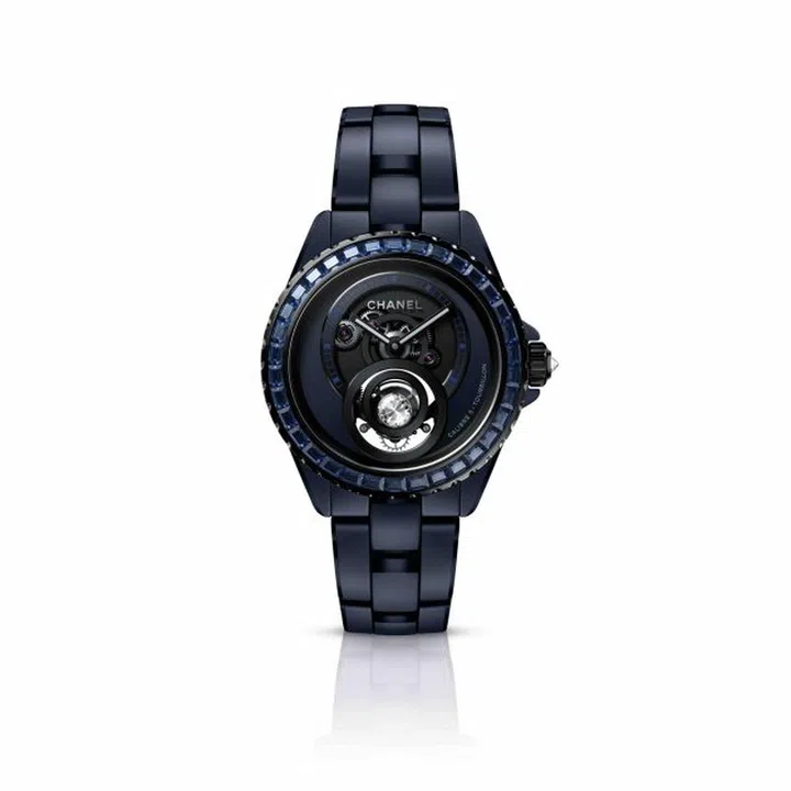 Chanel J12 Bleu Diamond Tourbillon, manual-winding mechanical movement with flying tourbillon, openworked dial and tourbillon cage with diamond, 38mm ceramic and steel case with sapphires, ceramic bracelet limited edition watch (55 pieces)(POA)