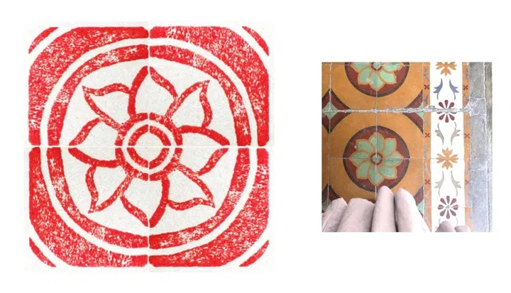 Jean小时候常随外婆到万寿山寺庙，这些童年记忆都是她的创作来源。这个地砖印章特别之处在于，图案只有四分之一，要盖印四次才会出现完整的地砖样式。（图：受访者提供）