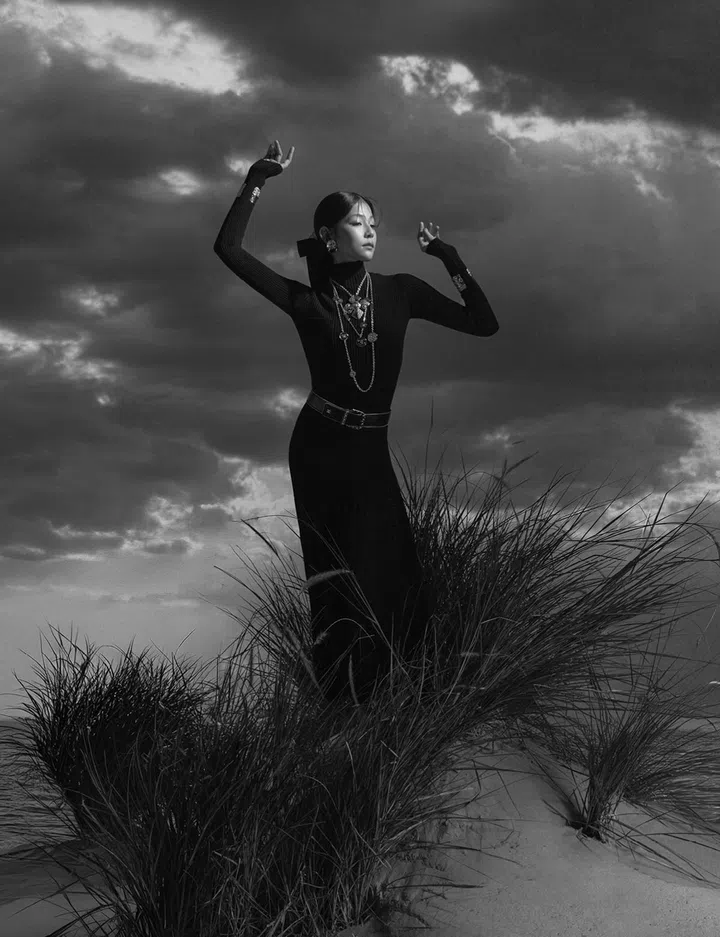 Chanel dress $6,130, belt $2,400, barrette $2,130, earrings (POA), necklaces (from top)$1,700, $1900,$2,420, bracelets $4,370(each)