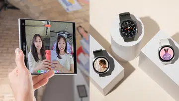 拼接式封面图片，左侧为Samsung Galaxy Z Fold8，右侧为Galaxy Watch9系列。左图中，一只手握着展开状态的Galaxy Z Fold8，手机正在使用后置镜头自拍功能，外屏同步显示实时预览画面。画面中可见两位年轻女性对着镜头微笑，其中一人手持粉红色水壶，另一人手持淡紫色水壶，背景为室内空间，展现Galaxy Z Fold8利用折叠设计进行高画质自拍的使用情境。右图展示三款不同配色的Galaxy Watch9，分别摆放于不同高度的白色圆柱与方形展示台上。其中一款采用深色表带与黑色表盘，显示指针式表盘；另一款采用深色表带，表盘显示人物照片；第三款采用白色表带，表盘则显示粉色动画角色。整体画面以米白色背景搭配柔和光线，呈现Samsung Galaxy Z Fold8与Galaxy Watch9轻薄设计及现代科技感。