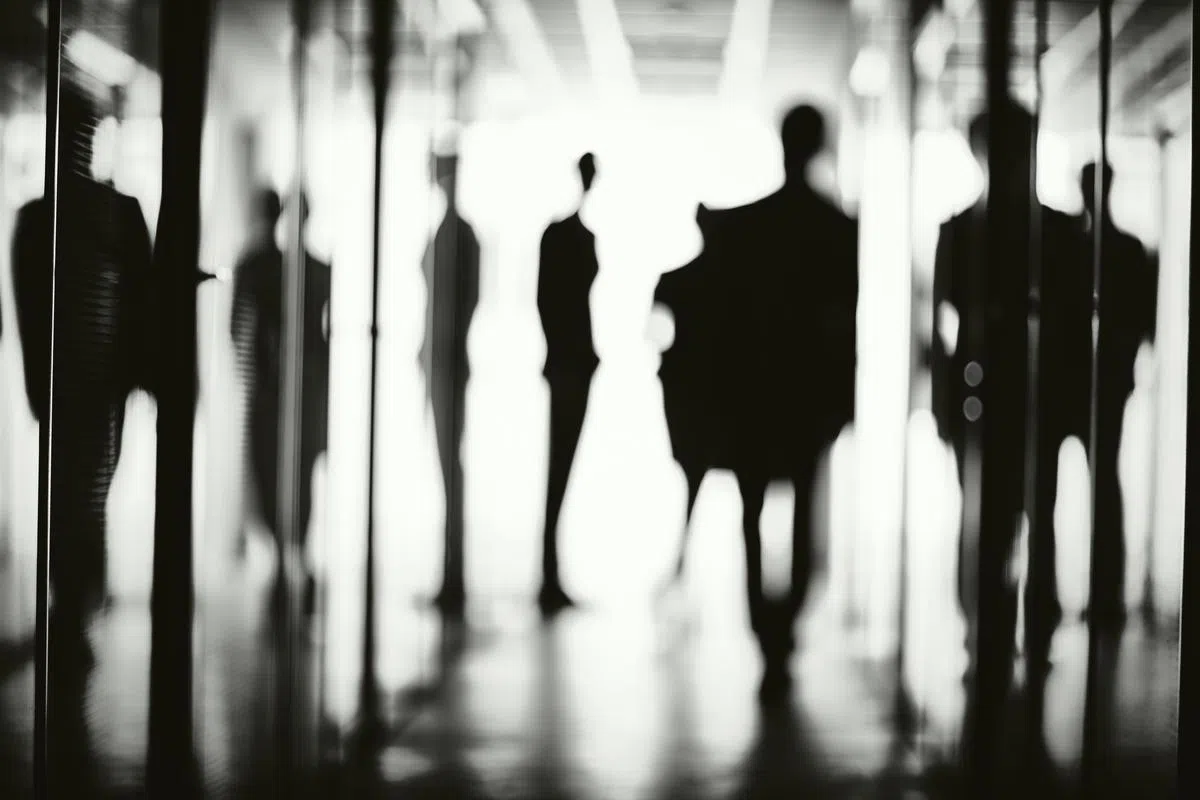 Silhouettes of several office workers in corridor of business center