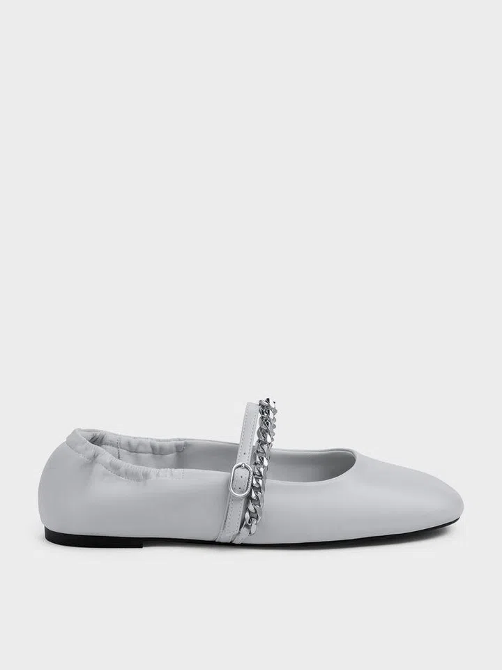 Charles & Keith Georgie Chain Mary Jane Flats - Light Grey $59.90