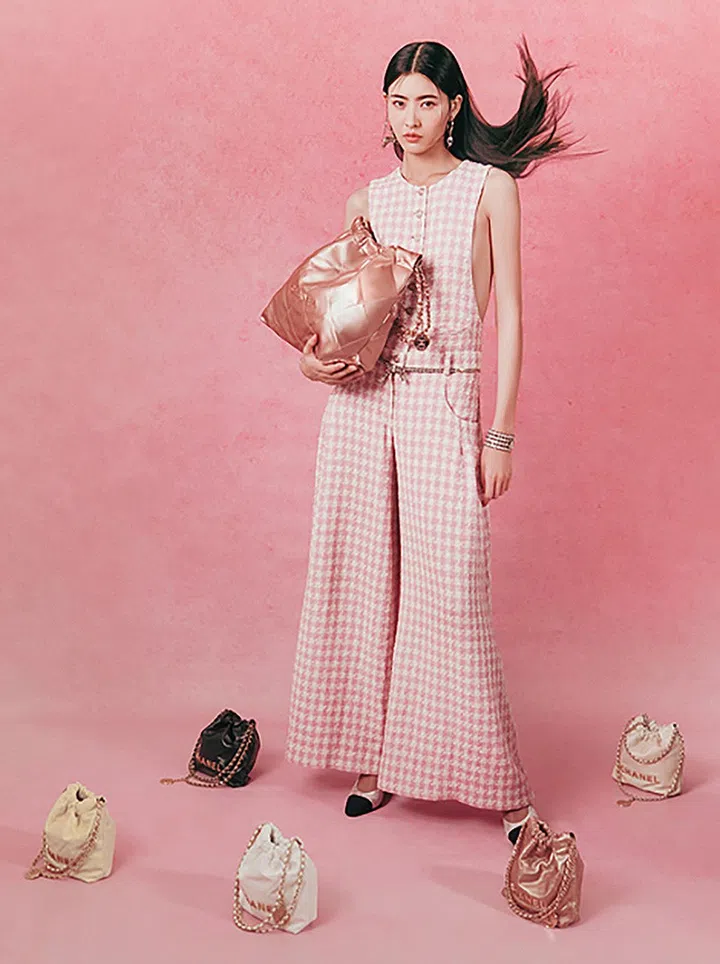 Chanel 22中型皮革肩袋$9,230、迷你型皮革链袋 $7,430至$7,880、花呢连衣裤、镶水钻皮革及金属腰链、镶水钻皮革及金属耳坠、镶水钻金属手镯、镶水钻罗缎平底鞋