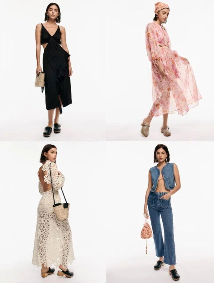 Maje推出的款式证明木屐鞋也可以很百搭，从日常休闲的牛仔裤到柔美的裙装，配搭无难度