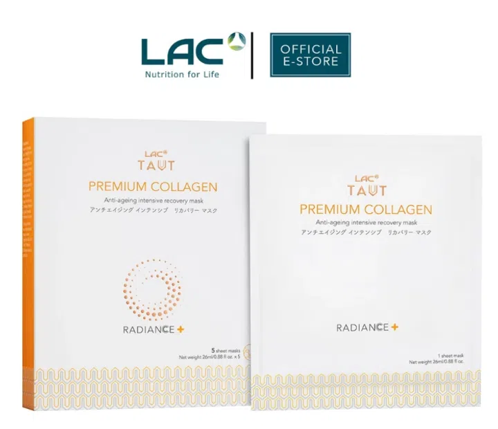 $20以下也能送出好礼：同事交换圣诞礼物精选。LAC Taut® Radiance+ Premium Collagen 面膜产品照，包括一盒五片装的包装盒与单片独立包装，整体以白色与金色为主色调，呈现简洁、干净且高质感的设计。