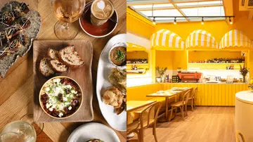 新加坡高颜值聚会餐厅封面图，展示适合好友聚会的用餐场景：桌上摆放着多道适合分享的地中海风味料理与饮品，搭配明亮温暖的黄色餐厅空间与整齐座位，呈现兼具美食、氛围与拍照感的聚餐环境。| 新加坡最值得打卡的高颜值聚餐好去处