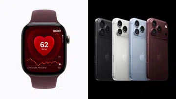 Apple Watch Series 12与iPhone 18 Pro产品图。左侧为搭配酒红色表带的Apple Watch Series 12，表盘显示心率监测界面，中央红色心形图示显示每分钟62次心跳，并附有两分钟心率变化曲线。右侧并列展示四款不同配色的iPhone 18 Pro背面，包括黑色、银色、浅蓝色Glacier与酒红色Burgundy，均采用三镜头相机模组设计。