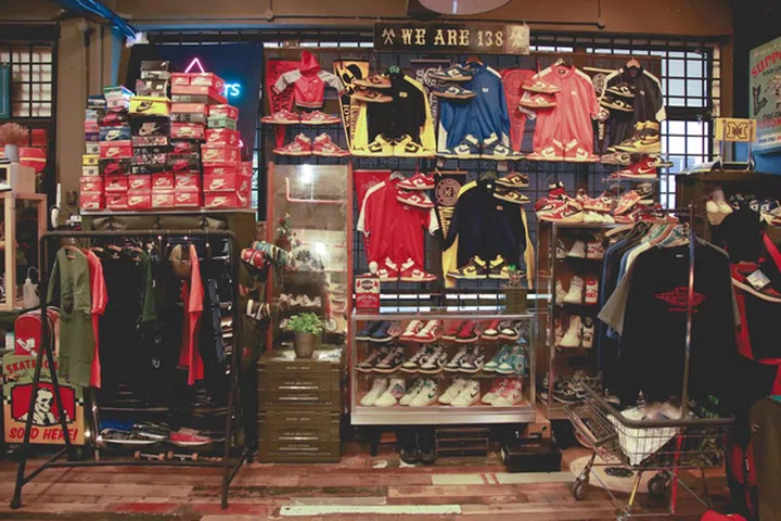 Mr. Sabotage, collection of 1985 Nike Dunks, varsity flags and jackets, 2023 (Image courtesy of Sabotage Surplus)