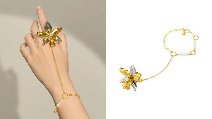 RISIS 1974 Odontoglossum hand chain in 24k gold with palladium and pearl $420 (detachable bracelet)