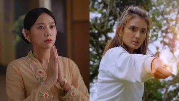 刘怡伶与洪凌在两部电视剧中的对比画面，左侧为刘怡伶在《小娘惹之翡翠山》中身穿米色娘惹服，双手合十，神情虔诚而紧张，展现角色内心的隐忍与不安；右侧为洪凌在《带剑女孩》中身穿白色上衣，手持发光长剑，眼神坚定警觉，呈现出强烈的动作感与力量气场。两种截然不同的角色设定形成鲜明对比，一边是内敛克制的情感表达，一边是外放凌厉的战斗姿态，突显本届最佳女主角入围者的多元演技与角色张力。逐一点评红星大奖2026《最佳女主角》入围者