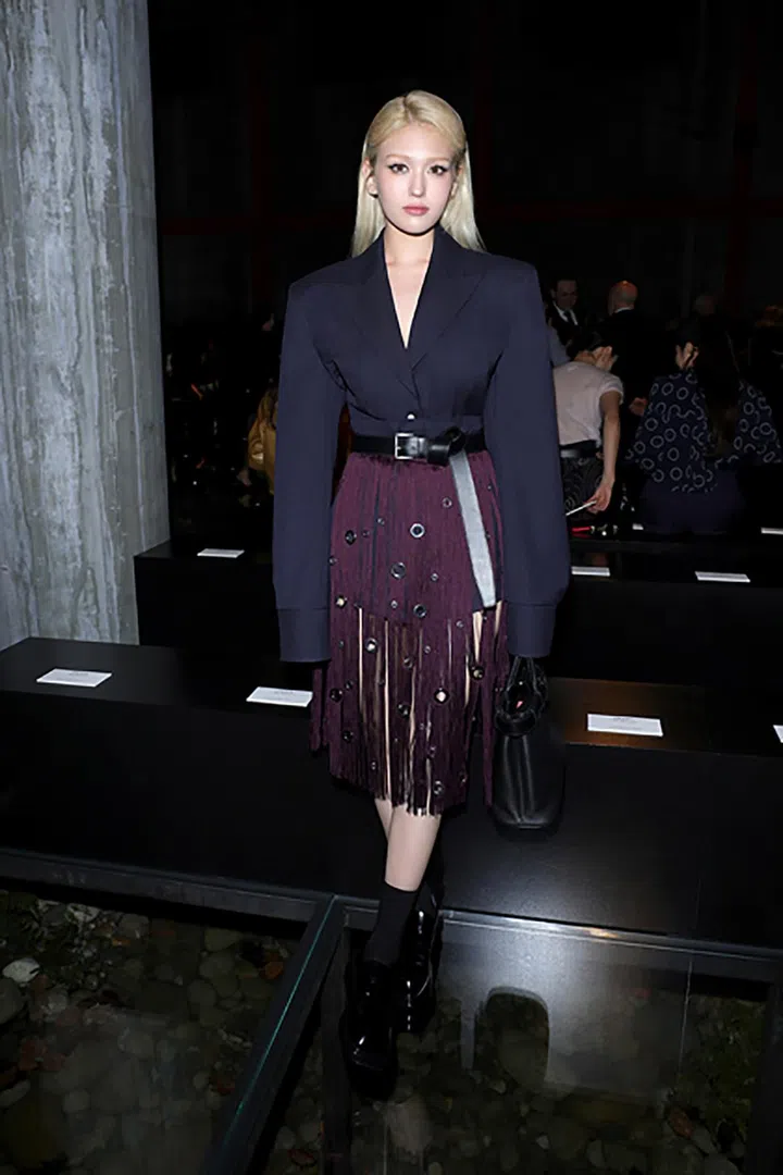 MILAN, ITALY - FEBRUARY 22: (EDITORS NOTE: This image has been retouched at the request of the subject.) Jeon Somi attends the Prada Fall/Winter 2024 Womenswear fashion show during Milan Fashion Week Fall/Winter 2024 - 2025 on February 22, 2024 in Milan, Italy. (Photo by Jacopo Raule/Getty Images for Prada)