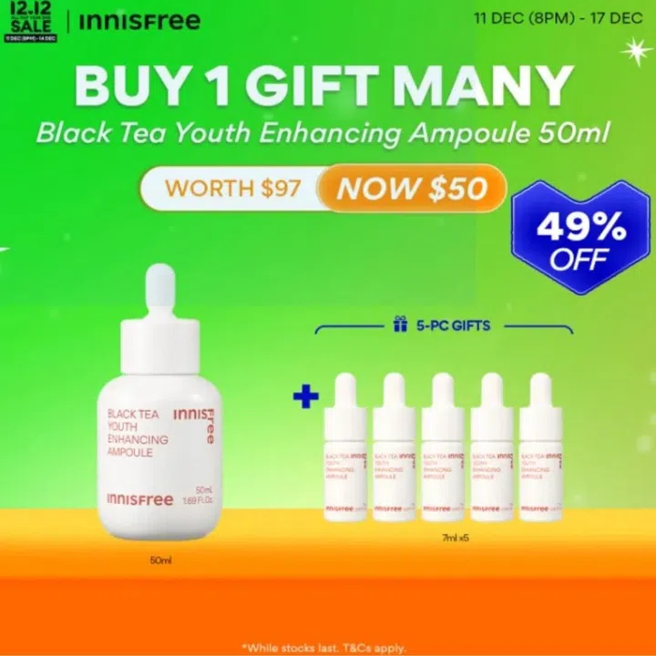 INNISFREE Black Tea Youth Enhancing Ampoule 50ml + 5PCS Travel-size for Anti Aging & Firming紧肤安瓶套组