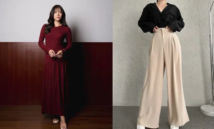 两套女装造型的左右拼接图。左图中，长卷发模特身穿酒红色圆领长袖连衣长裙，上半身剪裁贴合，腰臀下方以抽褶拼接宽松裙摆，裙长及脚踝，搭配浅色露趾凉鞋。她双手轻叠于腹前，正面望向镜头，身后为浅灰色墙面与深红棕色木质护墙板，脚下铺有深色木地板，侧光在墙上投下明显人影。右图为颈部以下的穿搭展示，模特将黑色宽松长袖衬衫扎入米杏色高腰宽腿长裤，衬衫带有翻领、胸前口袋及细密竖向纹理，袖口宽松。长裤腰部设有前褶，裤管宽大垂坠，裤脚遮住大部分白色鞋面。模特双手搭在裤腰两侧，背景为米白色纹理墙面与灰色地面，右侧露出部分落地灯及圆形灯座。
