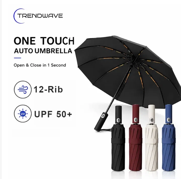 Trendwave One Touch自动折叠防晒伞，采用12骨伞架和UPF 50+防紫外线设计，支持一键自动开合，图片展示黑色撑开款以及黑、酒红、米白和蓝色四种收纳状态。