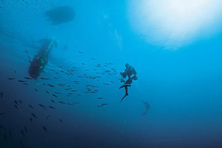 James Cameron’s DeepseaChallenger submersible on a testdive in Papua New Guinea.