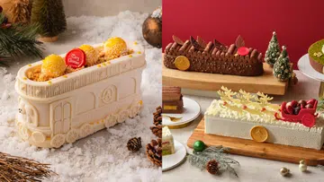 Alice Boulangerie 与 Goodwood Park Hotel 的 2025 圣诞蛋糕系列，包含雪白火车造型蛋糕、巧克力树桩蛋糕与驯鹿雪橇主题 logcake，摆放在雪景与圣诞装饰中。2025 新加坡圣诞蛋糕推荐｜好吃又好看的 Christmas Cakes & Logcakes 精选清单