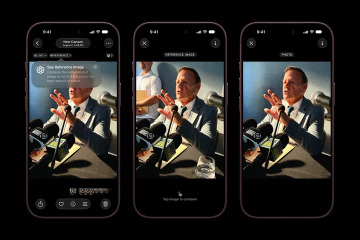 iPhone 18 Pro的“照片”应用功能示意图，三台手机并排展示同一张新闻发布会照片。左侧画面显示“See Reference Image”提示，可查看经过认证的参考图像，以确认照片是否曾被修改或编辑；中间显示标注为“REFERENCE IMAGE”的原始参考图像；右侧则显示当前查看的“PHOTO”照片。用户可通过对比两张图像，检查照片内容是否出现编辑或变动。