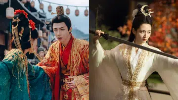 一名身着红金锦袍的男子与身着青绿色华服的女子在街巷中对话，另一名身着白色刺绣长袍的女子持剑出鞘，画面展现浓厚的古风氛围与戏剧张力。