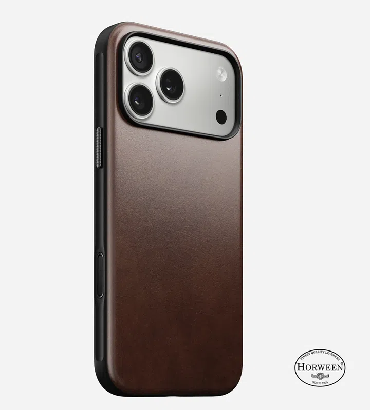 Nomad Modern Leather Case iPhone 17 手机壳，深棕 Horween 皮革材质，轻薄设计、防摔防护，支援 MagSafe 磁吸充电。iPhone 17 手机壳推荐，防摔，高颜值，好看手机壳。