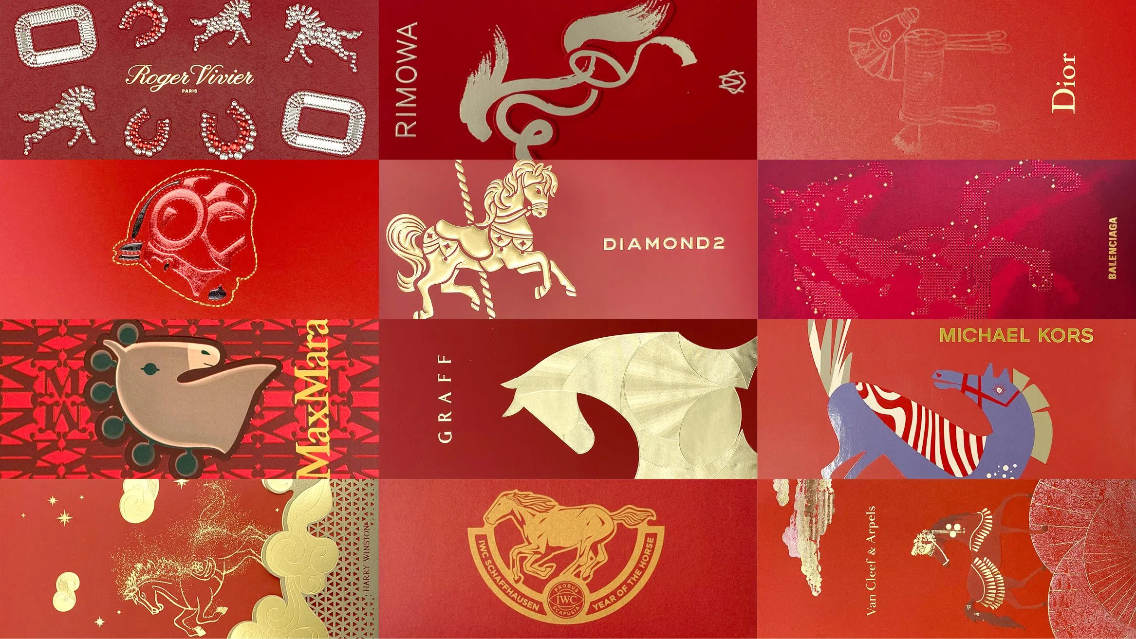 拼贴式封面图，展示多款2026马年红包封设计，整体以红色为主色调，搭配金色与不同创意元素。画面分为多个方格，每格呈现不同品牌的红包封风格，包括以水晶装饰构成马形图案的设计、线条简约的金色抽象马图形、旋转木马造型、现代几何风格马图案，以及带有传统云纹、奔跑马匹和剪纸风格元素的设计。部分红包封融入品牌标志性视觉语言，如简约线条、艺术插画和立体压印效果，呈现从经典优雅到现代创意的多元风格。整体画面营造出喜庆、精致且富有设计感的农历新年氛围，突出马年主题与品牌独特美学。2026马年红包封盘点：今年的新年红包设计，你最喜欢哪一个？