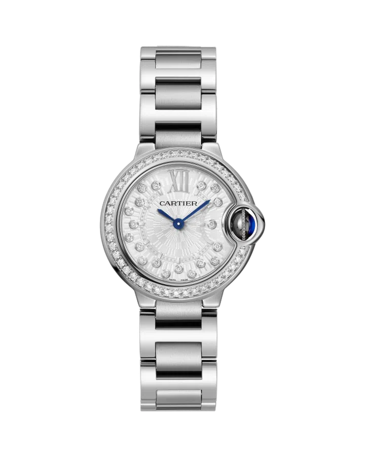 CARTIER Ballon Bleu de Cartier搭载自动上链机械机芯、镶钻表盘、28mm镶钻精钢表壳、精钢表链腕表 $17,000