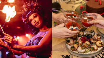 左图是一位身着黑色服饰、妆容华丽的表演者在火舞表演中展现万圣节气氛；右图则是三人举杯庆祝，桌上摆放造型恐怖的料理与饮品，象征节日聚会与创意美食。新加坡万圣节去哪里玩推荐。