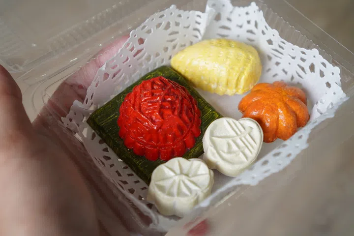 一只手托着装有五个迷你陶瓷粿的透明盒子，作品造型精致、色彩鲜艳，包括红龟粿、嘟嘟粿、香蕉糕与叶形小粿，每个都仿真可爱，展现本地传统糕点的特色。哪里可以用SG Culture Pass？文化通行证活动推荐