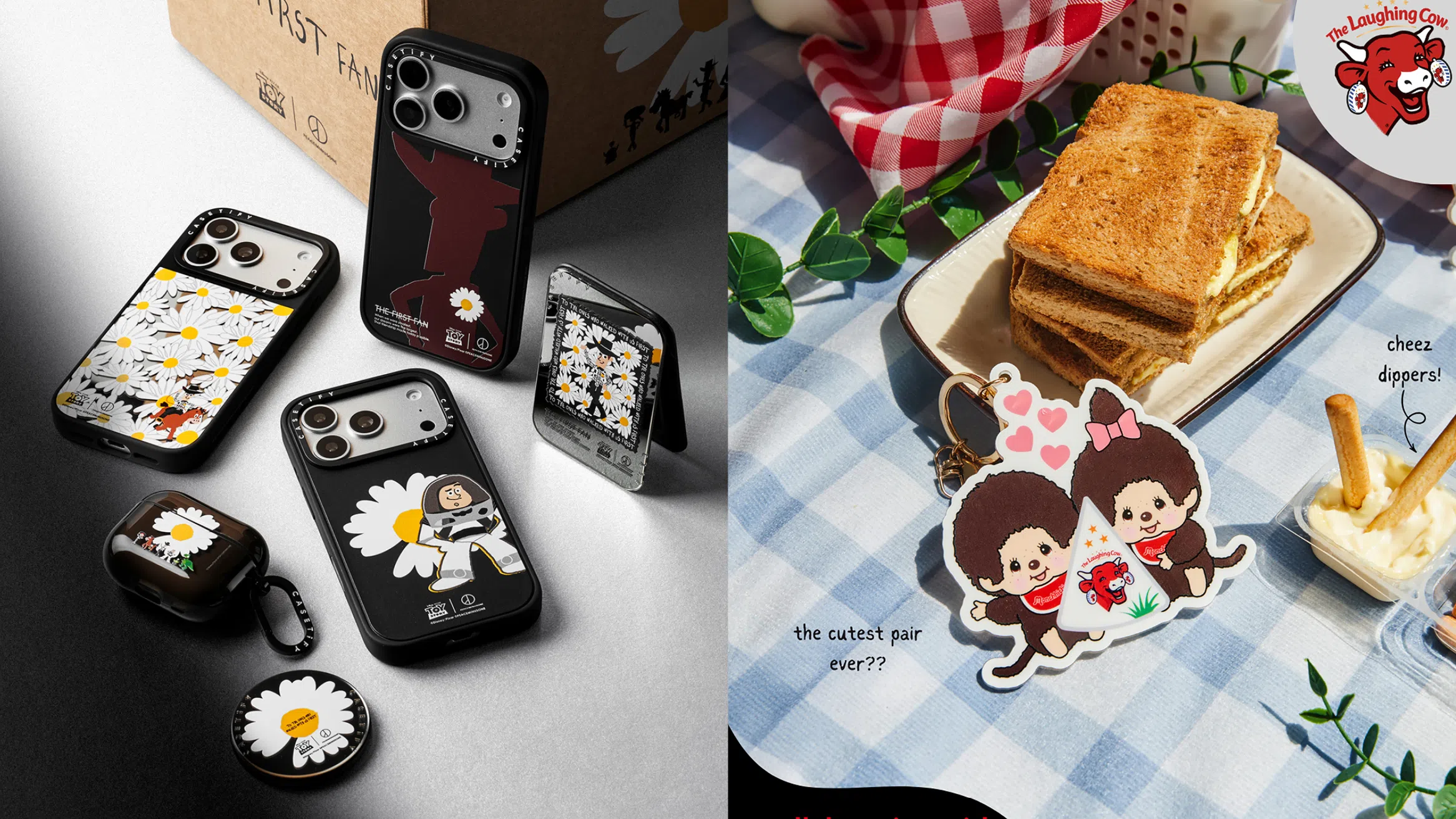 左右拼接的品牌联名产品图片。左侧为CASETiFY x Toy Story x PEACEMINUSONE联名科技配件，以黑、白色调为主，展示多款手机壳、耳机保护壳及圆形配件，设计结合《Toy Story》角色Woody、Buzz Lightyear与PEACEMINUSONE标志性的白色Daisy雏菊图案，部分手机壳采用满版雏菊或黑色背景搭配角色插画。右侧为The Laughing Cow x Monchhichi联名，以蓝白格纹野餐布为背景，桌面摆有烤吐司、Cheez Dippers芝士蘸酱与面包棒，中央放着印有两只Monchhichi及The Laughing Cow芝士图案的限定钥匙扣，右上角可见The Laughing Cow品牌标志，整体呈现轻松可爱的野餐氛围。