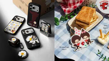 左右拼接的品牌联名产品图片。左侧为CASETiFY x Toy Story x PEACEMINUSONE联名科技配件，以黑、白色调为主，展示多款手机壳、耳机保护壳及圆形配件，设计结合《Toy Story》角色Woody、Buzz Lightyear与PEACEMINUSONE标志性的白色Daisy雏菊图案，部分手机壳采用满版雏菊或黑色背景搭配角色插画。右侧为The Laughing Cow x Monchhichi联名，以蓝白格纹野餐布为背景，桌面摆有烤吐司、Cheez Dippers芝士蘸酱与面包棒，中央放着印有两只Monchhichi及The Laughing Cow芝士图案的限定钥匙扣，右上角可见The Laughing Cow品牌标志，整体呈现轻松可爱的野餐氛围。