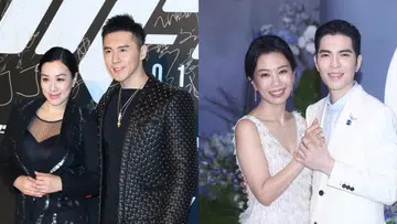 左右拼接的明星夫妻合照组合图。左侧为钟丽缇与丈夫张伦硕出席公开活动，钟丽缇身穿黑色半透明网纱上衣搭配黑色西装外套，头发向后梳起，妆容精致；张伦硕则身穿黑色菱格纹皮夹克搭配黑色上衣和金色项链，两人并肩站在黑白签名背景板前，对镜头露出微笑。右侧为Summer（林有慧）与丈夫萧敬腾的合照，Summer身穿白色流苏细节礼服并佩戴长耳环，萧敬腾则身穿白色西装外套搭配浅色衬衫，两人十指相扣，对镜头甜蜜微笑，背景以柔和灯光和花卉装饰点缀，营造浪漫温馨氛围。