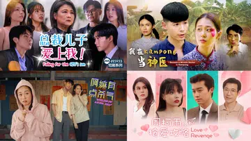 《红星大奖2026》“最佳微短剧”入围作品拼图海报，包括《总裁儿子爱上我！》《我在kampong当神医》《阿嫲有点杀气》和《周柯雨抢爱攻略》主要角色剧照。