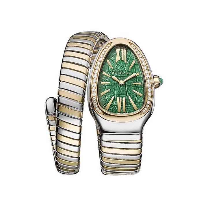 BVLGARI X Tadao Ando Serpenti Tubogas 18K yellow gold and steel watch with adventurine and diamonds on matching bracelet腕表 $24,000